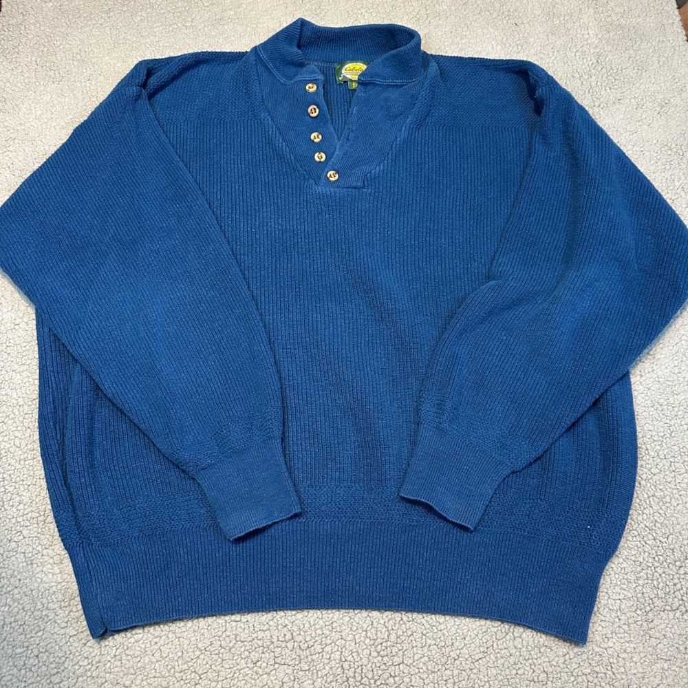 Cabela's Vintage Knit Sweater XL Blue 1/4 Button Cotton USA Pullover Long Sleeve